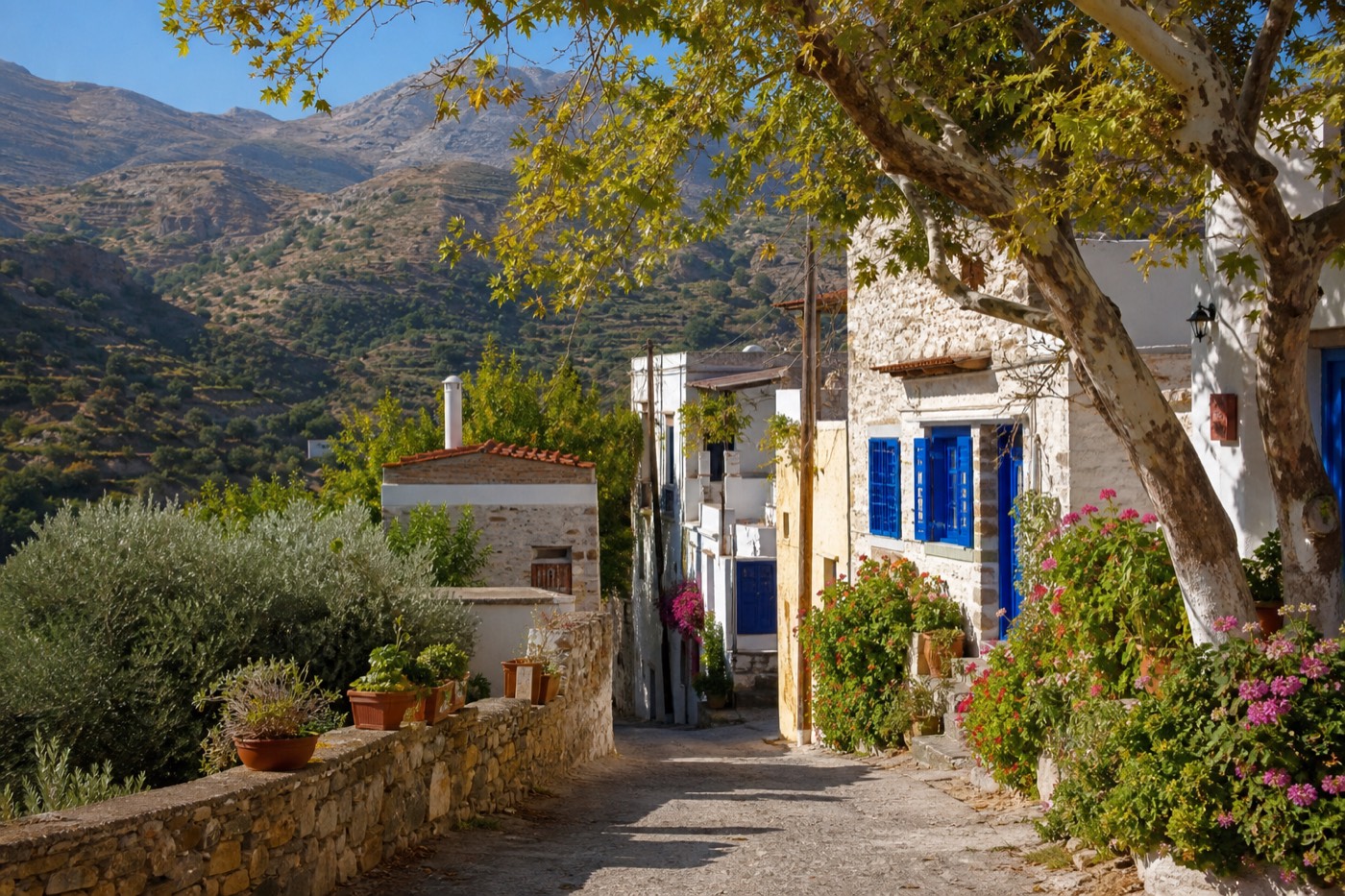 Traditional Cretan mountain village with olive groves near Heraklion